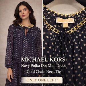 Michael Kors Navy Polka Dot Midi Dress Gold Chain Collar NWT Size S MSRP $355